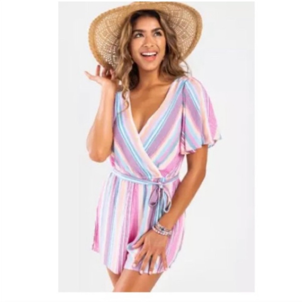 Amie Pinstripe Surplice Romper | Colorful, Flattering Romper